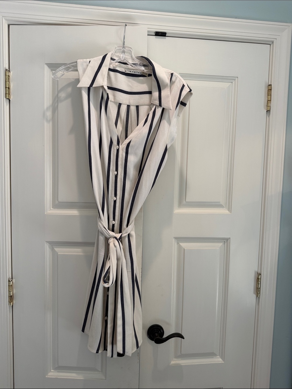 Alice + Olivia Striped Button-Front Midi Dress in White and Navy